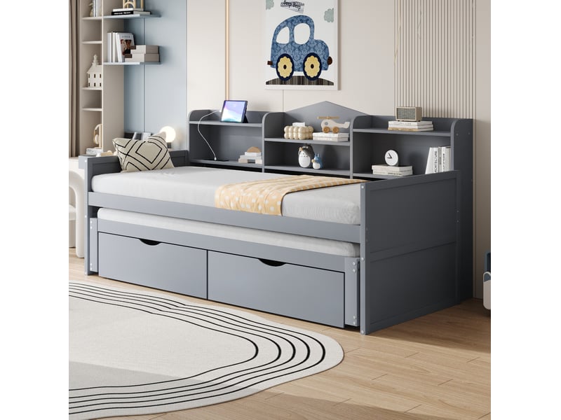  Lit banquette gigogne 90x200+90x190cm, usb, tiroirs, sommier, lit enfant 2 places, style moderne, mdf, gris sans matelas  - Conforama E