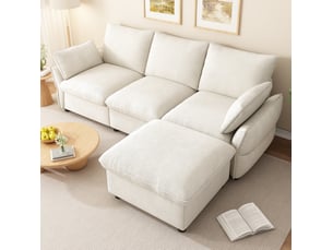 Canapé d’angle 3 places avec ottomane et 1 pouf en chenille beige 222,5 x 154,5 x 76,5 cm evryae