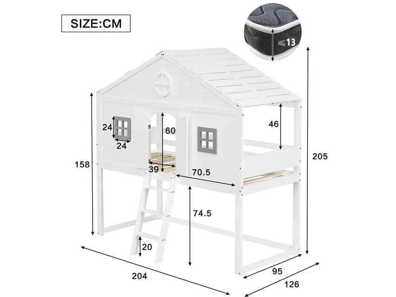  Lit mezzanine 90x200cm, sommier, escalier intégré, porte, lit cabane, 2 fenêtres, en bois+mdf blanc, sans matelas  - Conforama C