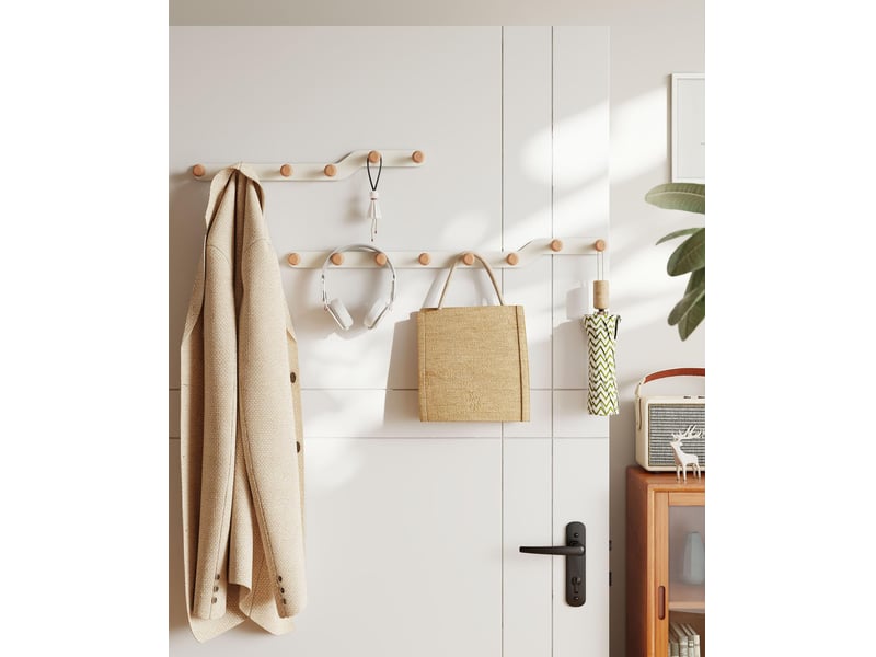  Patère murale en bois 5 crochets, double installation pour manteaux, clés, chapeaux, sacs, serviettes - entrée, chambre, salon, blanc  - Conforama E