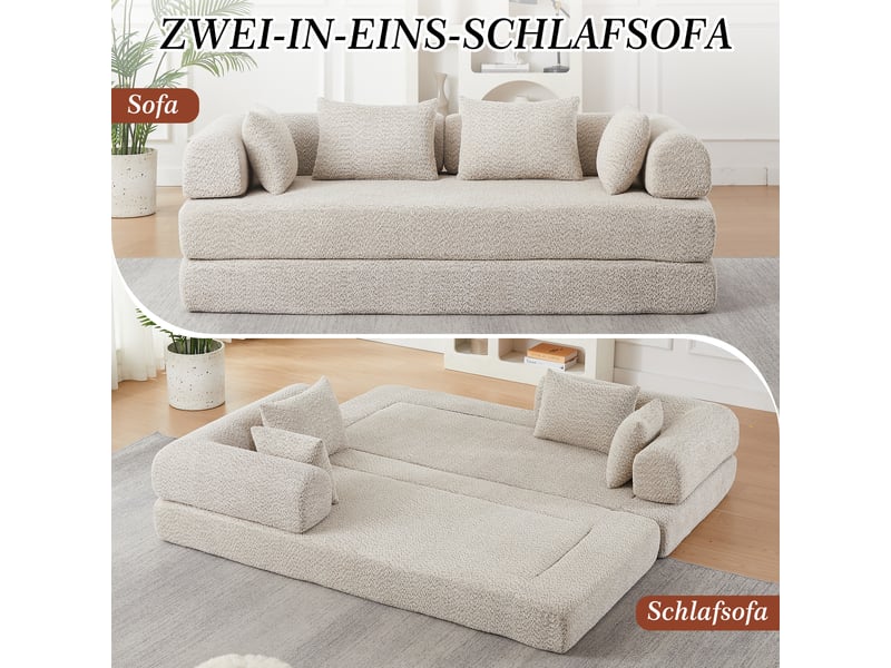 Canapé convertible 4-en-1 en tissu chenille beige, 4 configurations, sans montage, 4 coussins inclus, design modulable  - Conforama E