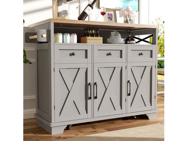  Desserte de cuisine 118x43 cm grise, plateau pliant, rangement modulable, séparateurs amovibles, porte-serviettes, avec roulettes  - Conforama D