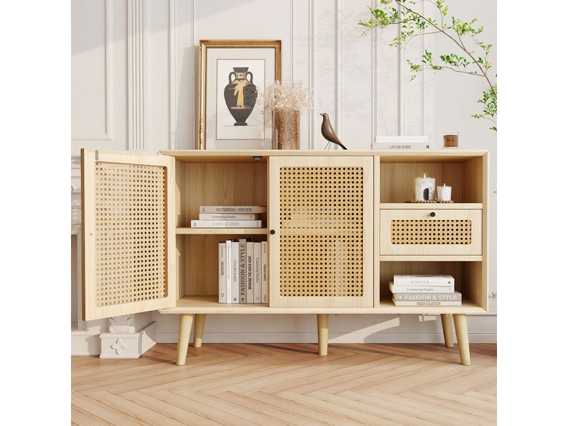  Buffet enfilade 120x40x80cm rangement gain de place | style bohème cannage en rotin | charge max 70kg montage facile - chêne clair  - Conforama C