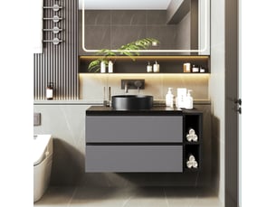 Meuble vasque suspendu 80 cm avec vasque en céramique, tiroirs, design moderne noir et gris