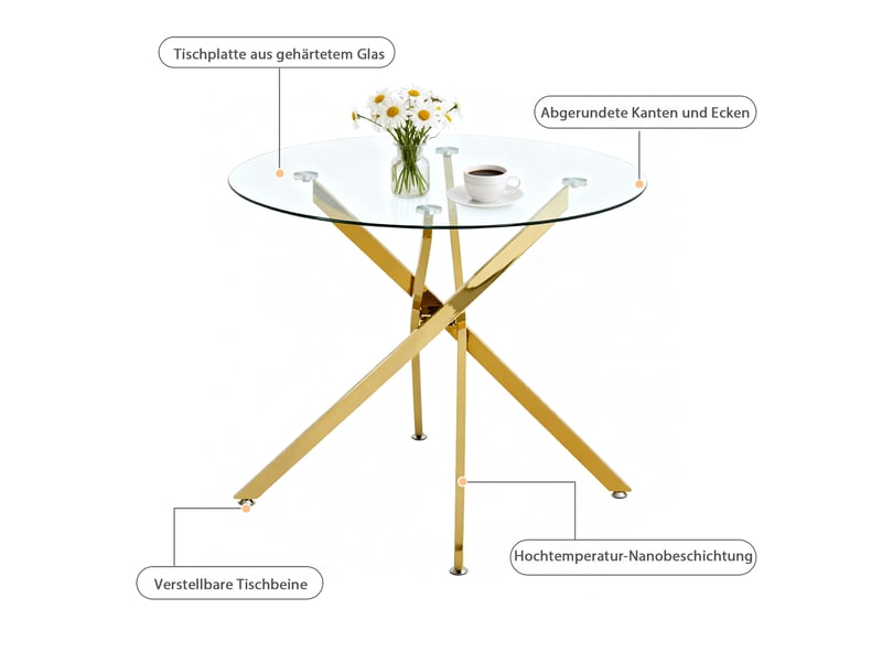  Table à manger ronde 2 à 4 places avec plateau en verre trempé - lpospi - pieds croisés en métal - doré 80 × 80 × 76 cm  - Conforama E