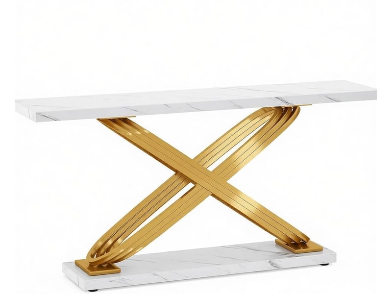  Table console dorée et blanche 140x35x80 cm – plateau placage marbre – style chic  - Conforama A