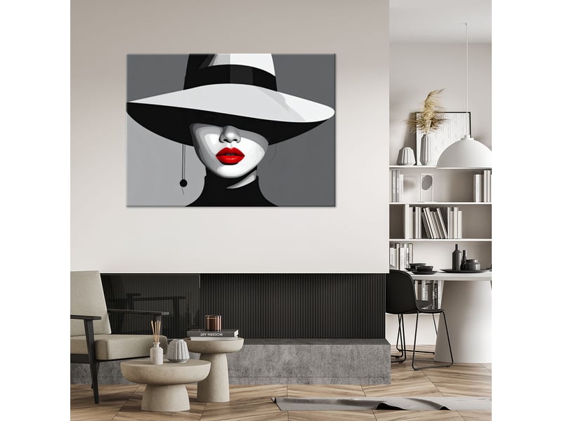  Tableau moderne, une femme avec un chapeau à larges bords et des lèvres rouges 100x70 1328140256 - Conforama B