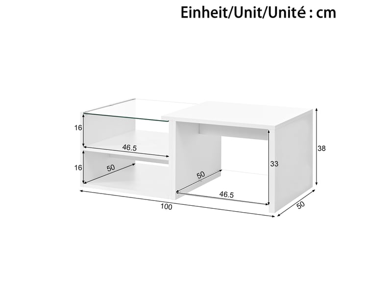 Table basse,100x50x38 cm,avec led et rangements ouverts,panneau de particules,blanche - Conforama C