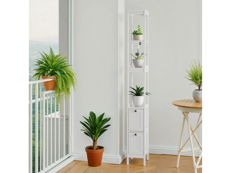  Meuble de salle de bain haut et étroit, 160 x 20 x 30 cm, 2 tiroirs et 3 étagères, meuble autoportant, blanc.  - Conforama C