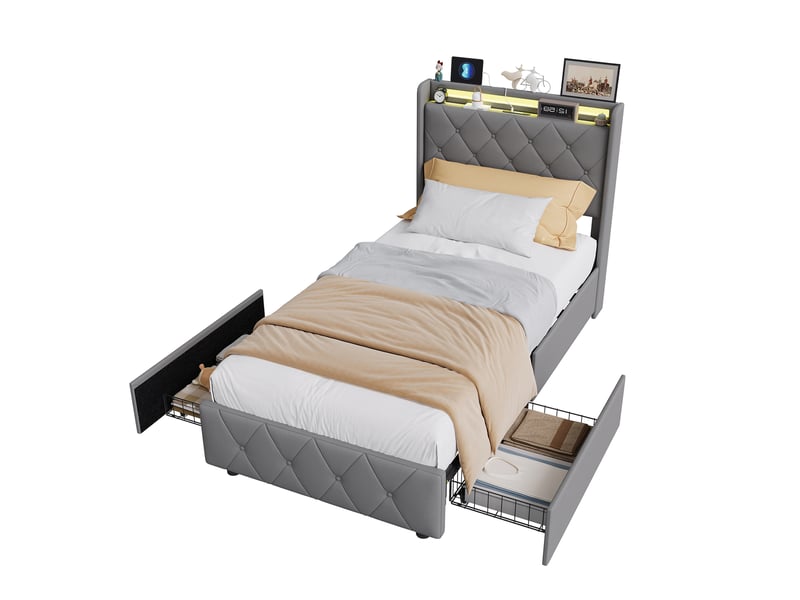  Lit simple rembourré 90x200 cm ,lit adulte avec led et 2 tiroirs ,ports usb ,tête de lit avec rangement ,velours ,gris  - Conforama A