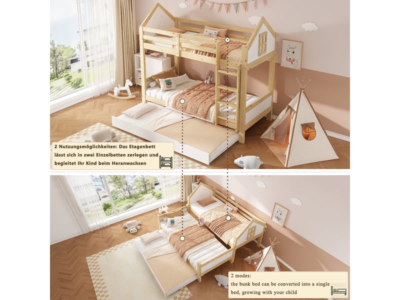  Lit superposé enfant 90x200 cm, 3 couchages avec lit gigogne 90x190 cm, design maison à fenêtres, garde-corps, échelle, certifié en 747, blancnaturel  - Conforama E