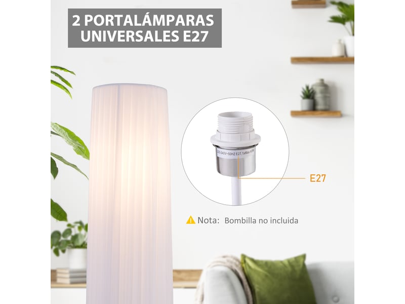  Lampadaire moderne pour chambre, salle à manger et salon (2 ampoules e27), interrupteur, faible consommation, base en acier inoxydable, 120 cm, blanc  - Conforama D