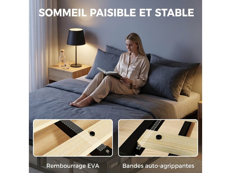  Cadre de lit 140 x 190 cm avec sommier, lit double avec pochette de rangement, support à lattes en bois, noir  - Conforama D