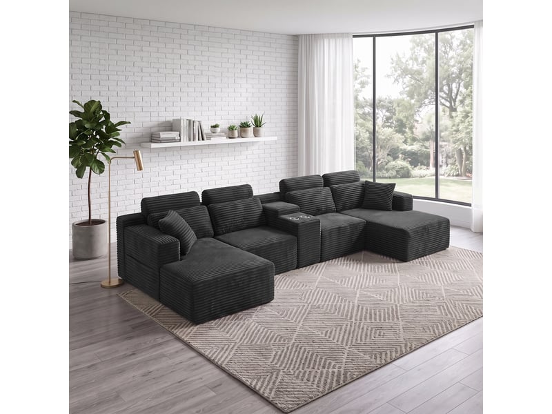  Canapé panoramique en u - 373x150x81cm - canapé modulaire velours côtelé avec porte-gobelets, assise profonde - gris  - Conforama B