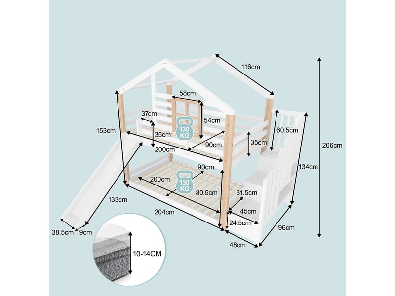  Lit superposé 90x200 cm – avec toboggan et escalier de rangement – sans matelas – blanc, 204x96x206 cm  - Conforama C
