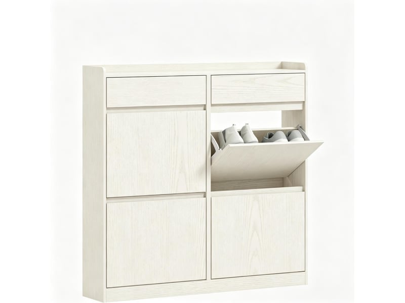  Meuble à chaussures 4 abattants et 2 rangements coulissants, compact pour entrée, blanc, 98 × 19,2 × 95,3 cm  - Conforama A