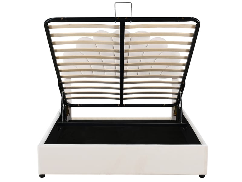  Lit double 140x200 cm en velours beige, tête de lit fleurie réglable et coffre hydraulique  - Conforama D