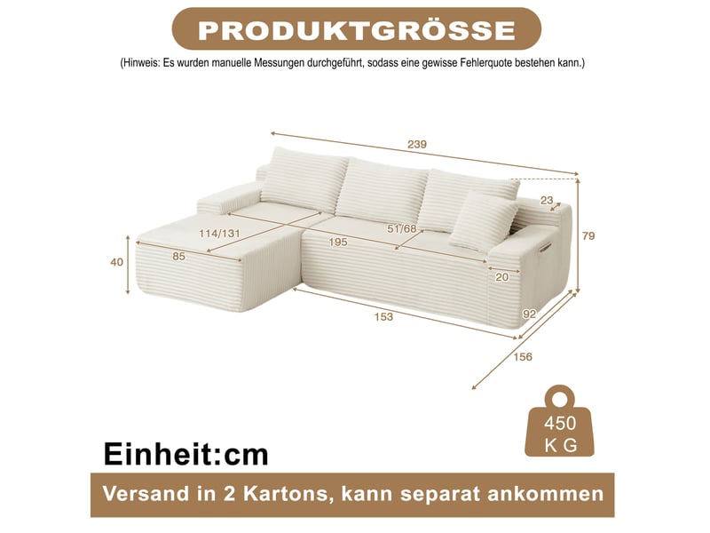  Canapé d'angle modulable gauche compressé 4 places, pour salon, meuble de salon, en mousse et velours côtelé, beige  - Conforama C