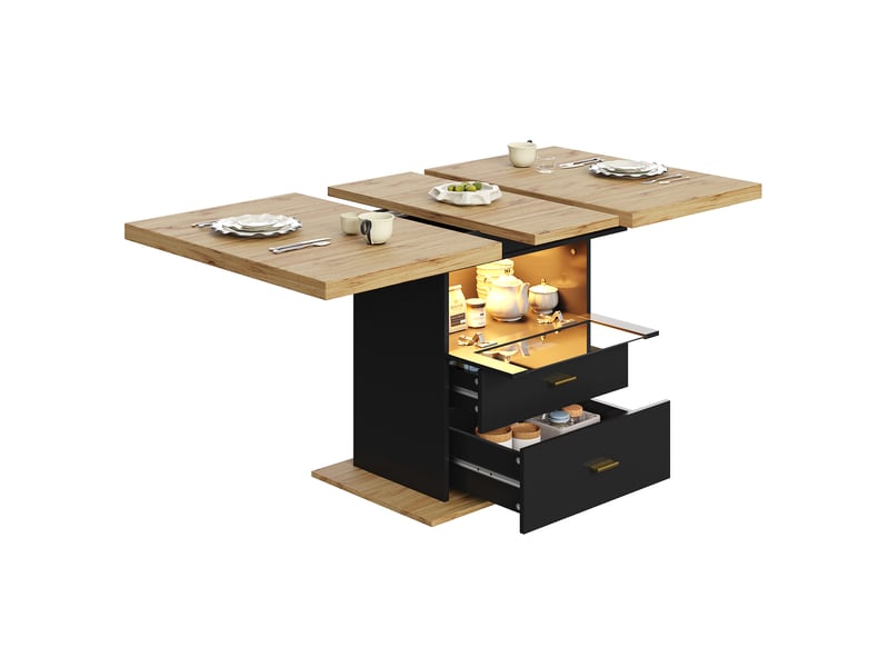  Table à manger extensible 110x80x75 cm (jusqu'à 140 cm) avec led intégrée, plateau mdf et métal, couleur bois  - Conforama A