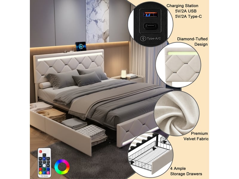 Dreammespace lit double king size 160x200 cm - lit avec rangement 4 tiroirs & led ambiance, ports usb, velours beige DreamMespace - Conforama D