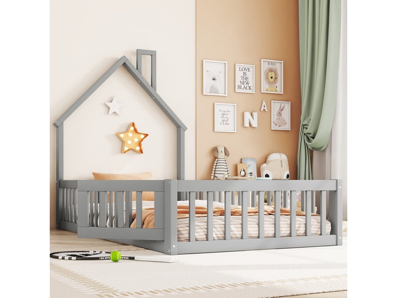  Lit enfant cabane 90x200 cm avec sommier à lattes et barrières gris  - Conforama D