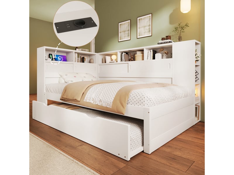  Lit de jour, lit enfant 90x200 + 90x190 cm, canapé-lit, lit gigogne, tête de lit avec rangement, usb, sans matelas, blanc  - Conforama A