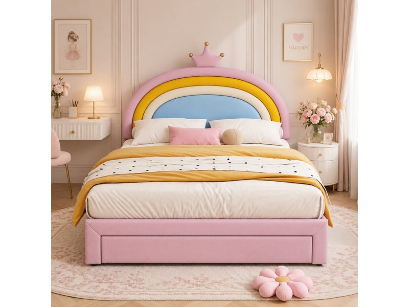  Lit enfant 140x200 cm rose avec tête de lit réglable et tiroir en pied de lit  - Conforama D