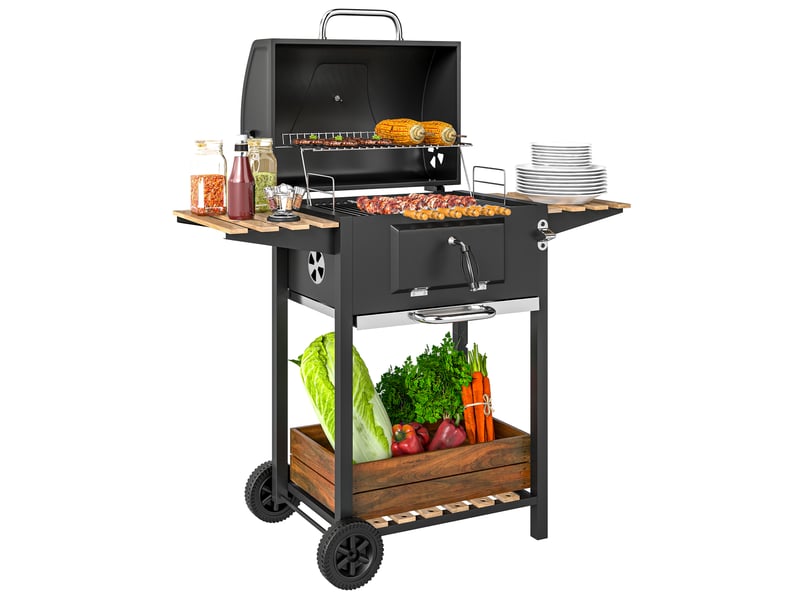  Barbecue au charbon de bois, bac à charbon réglable en hauteur, chariot de barbecue, étagères, thermomètre, ouvre-bouteille, acier, bois, noir  - Conforama A