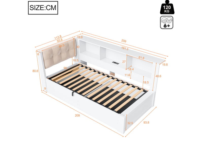  Lit de jour 90x200 cm équipé de levage hydraulique, led et usb, mdf, bois, panneau de particules, blanc, matelas non fourni  - Conforama C