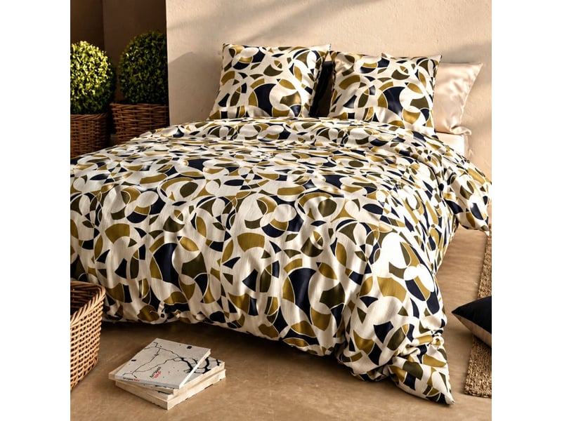 Parure housse de couette 260x240cm + 2 taies motif ethnique ecru et kaki 100% coton - leekyo LEEKYO - Conforama B