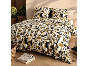 Parure housse de couette 260x240cm + 2 taies motif ethnique ecru et kaki 100% coton - leekyo