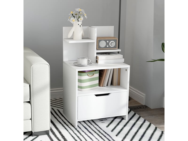  Table de chevet table de nuit avec tiroir, niche et étagères de rangement effet bois 45 x 35 x 73 cm blanc  - Conforama C