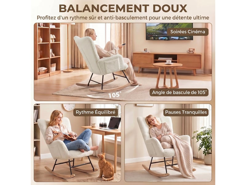  Fauteuil à bascule assise rembourrée tissu peluche crème 90 x 66 x 90 cm  - Conforama D