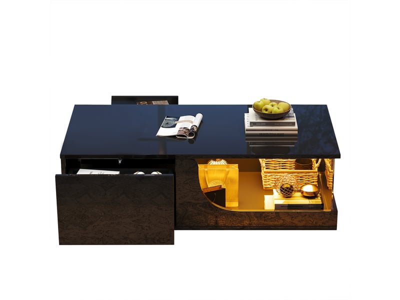  Table basse noire brillante avec led, table de salon design 100x50x30 cm, 2 tiroirs, verre trempé  - Conforama A