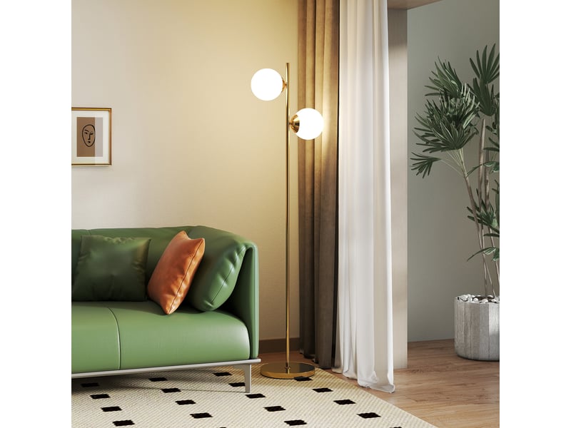  Lampadaire design lampadaire sur pied salon néo-rétro 2 têtes boules max. 40 w métal doré  - Conforama C