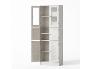Meuble de salle de bains haut blanc en mdf et verre, 6 portes et rangements réglables pour votre quotidien