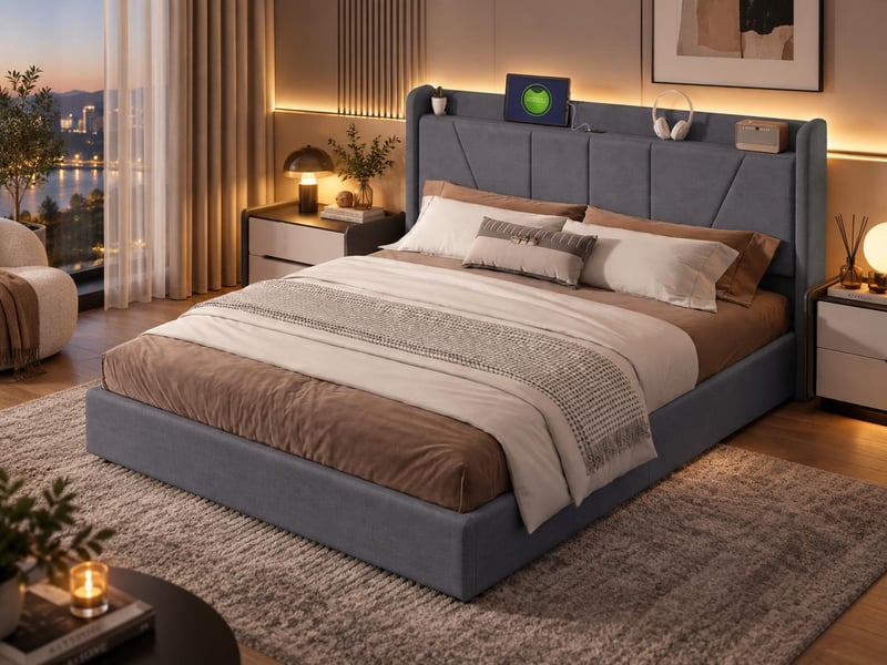  Lit coffre 160x200 cm - usb et type-c - tête de lit avec étagère - sommier relevable - grand rangement - design moderne  - Conforama B