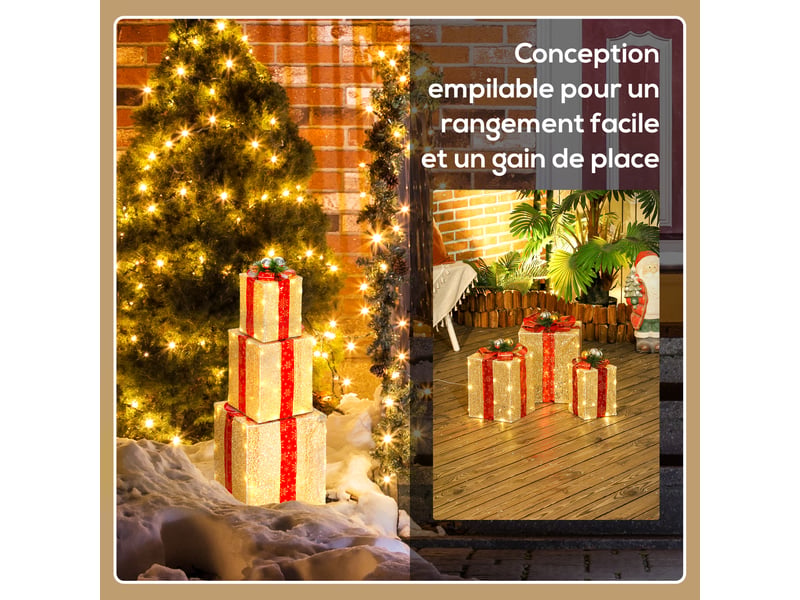  Boîtes cadeaux noël lumineuse décorations de noël avec nœud 58 lumières lot de 3 boîtes à cadeaux à led or  - Conforama W