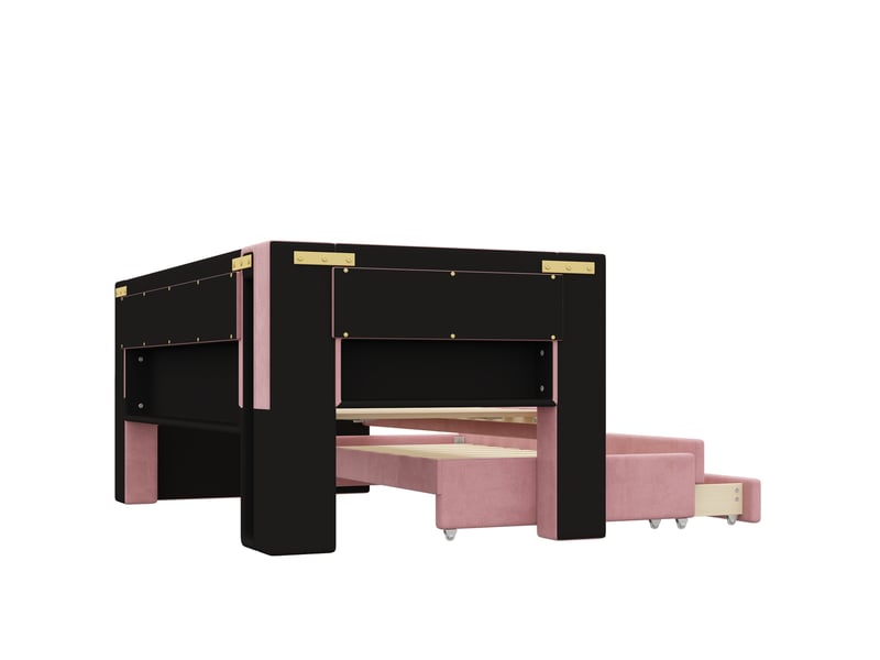 Lit gigogne 90x200 cm rose en tissu, led 7 couleurs, usb et 3 tiroirs avec lit d'appoint, sans matelas - Conforama E