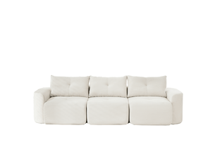 Canapé modulable 3 places avec siège amovible, configuration 2+1 et coussins, en velours côtelé beige