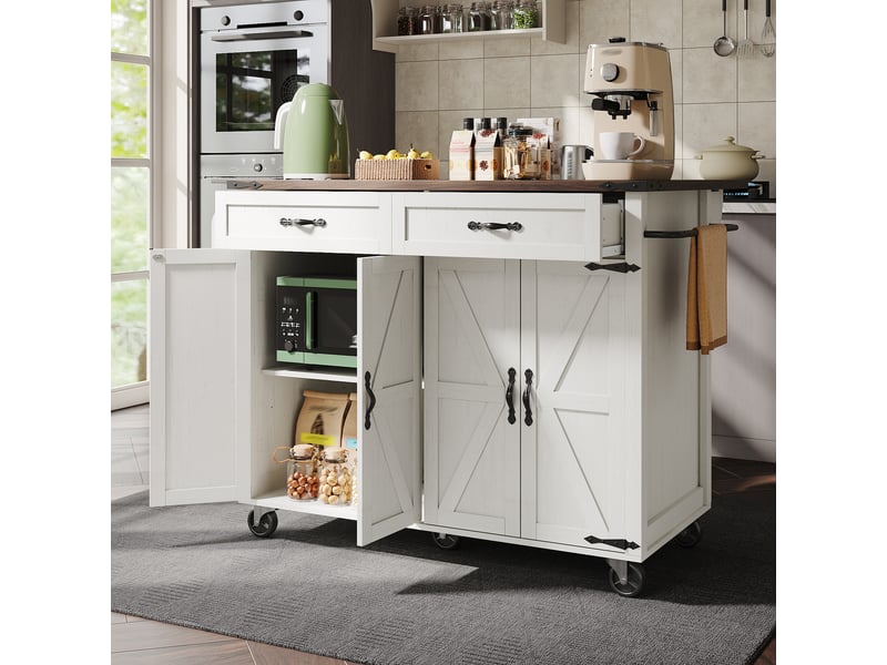 Îlot de cuisine pivotant à 360 degrés, table de bar sur roulettes extensible avec 3 tiroirs, blanc - Conforama B