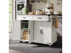 Îlot de cuisine pivotant à 360 degrés, table de bar sur roulettes extensible avec 3 tiroirs, blanc