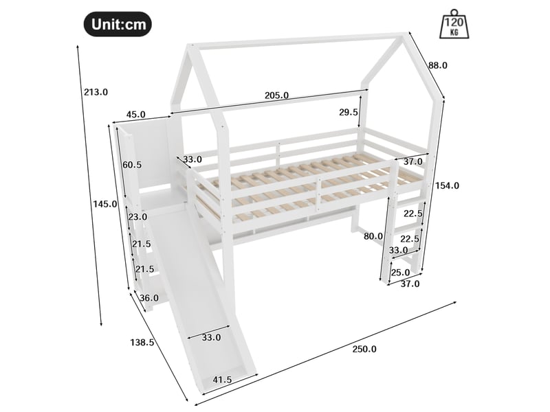  Lit mezzanine enfant, 90x200 cm, lit en hauteur, matelas non inclus, bois et pin et mdf et contreplaqué, coloris blanc  - Conforama C