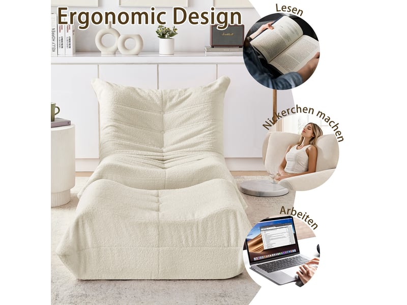  Fauteuil relax lazy canapé beige en tissu peluche teddy avec repose-pieds, ultra confortable, sans montage pour salonchambre  - Conforama D