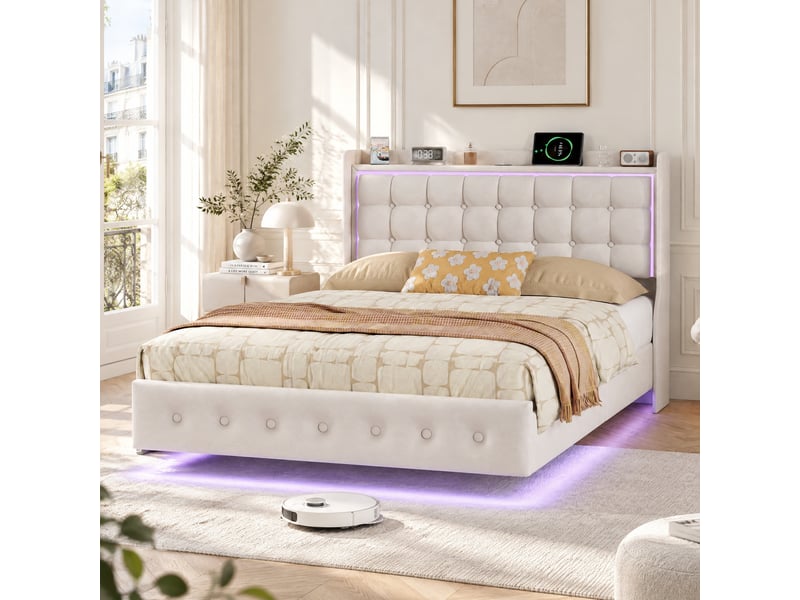 Lit double 160x200 cm, cadre de lit adulte, cadre flottant avec led et ports usb, tête de lit rembourrée avec espace de rangement ouvert, blanc - Conforama C