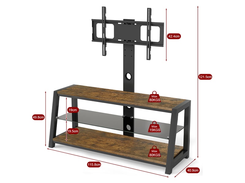 Meuble tv avec support intégré compatible avec téléviseurs de 32 à 65 pouces, 116x42x125cm, mdf et métal, marron - Conforama C