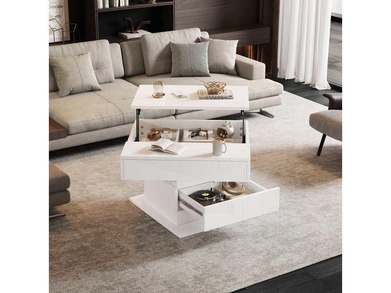  Table basse relevable carrée blanc - 70x70 cm panneau de particules table basse blanc - Conforama E