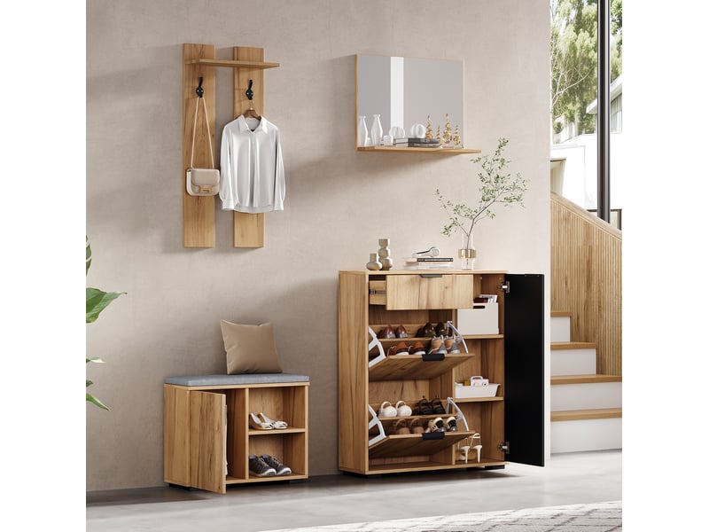  Ensemble vestiaire d'entrée 140x35x139 cm avec banc à chaussures panneau de particules naturel et noir  - Conforama B