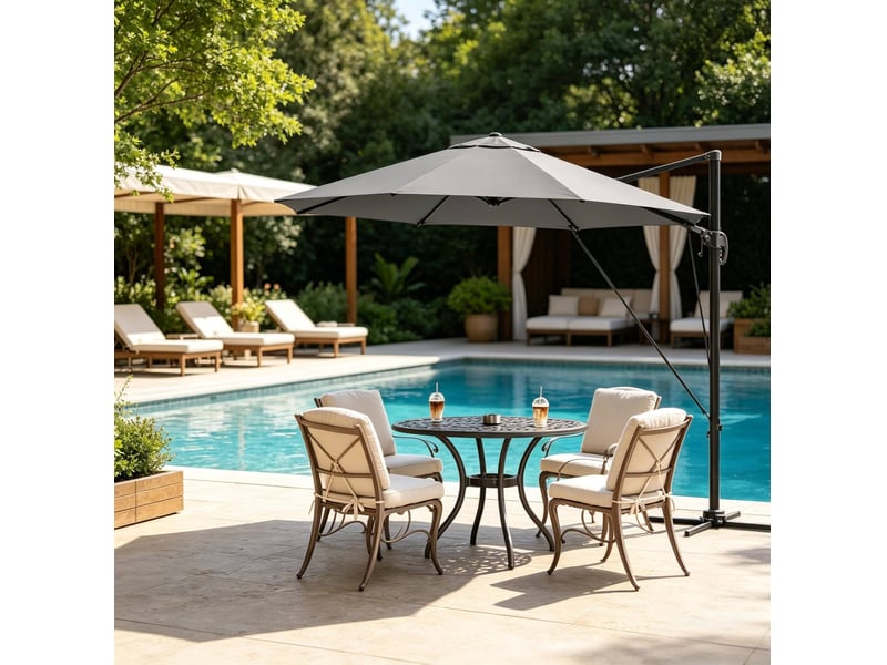 Parasol déporté rond 306x167x207 cm – gris foncé – rotation 360°, 5 inclinaisons et base incluse - Conforama E