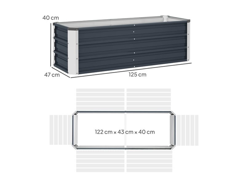  Jardinière surélevée de jardin en acier 125x47x40 cm – gris anthracite – fond ouvert, gants inclus  - Conforama C